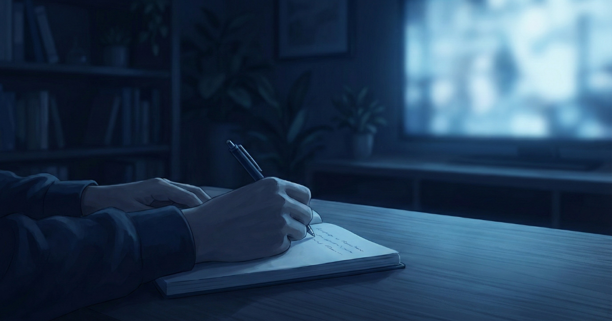 スクリーンの光とノートに走るペン