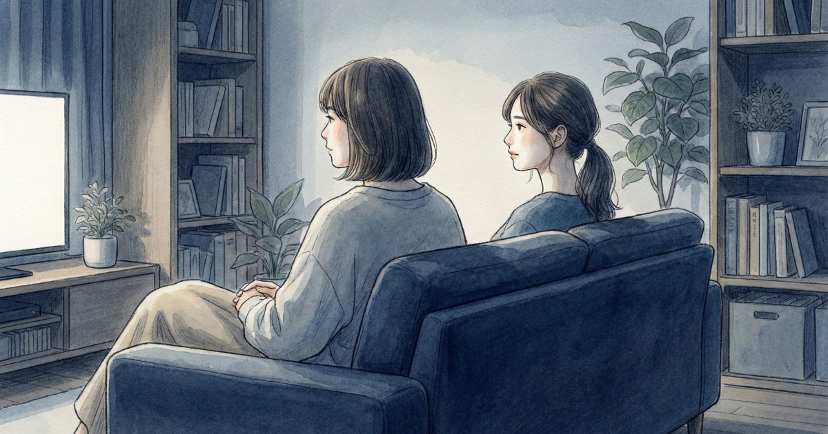 横並びに座る2人の女性と、間にあるスクリーンの光