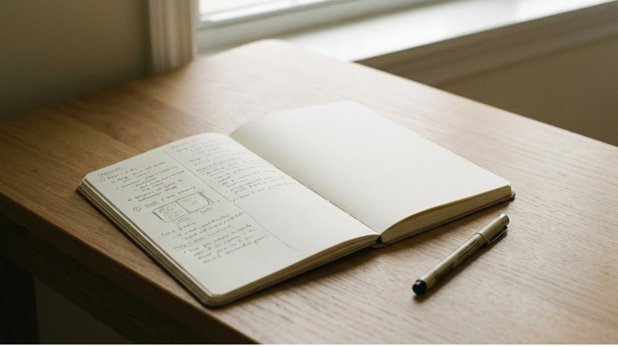 書きかけのノートとペンが机の上に置かれている。