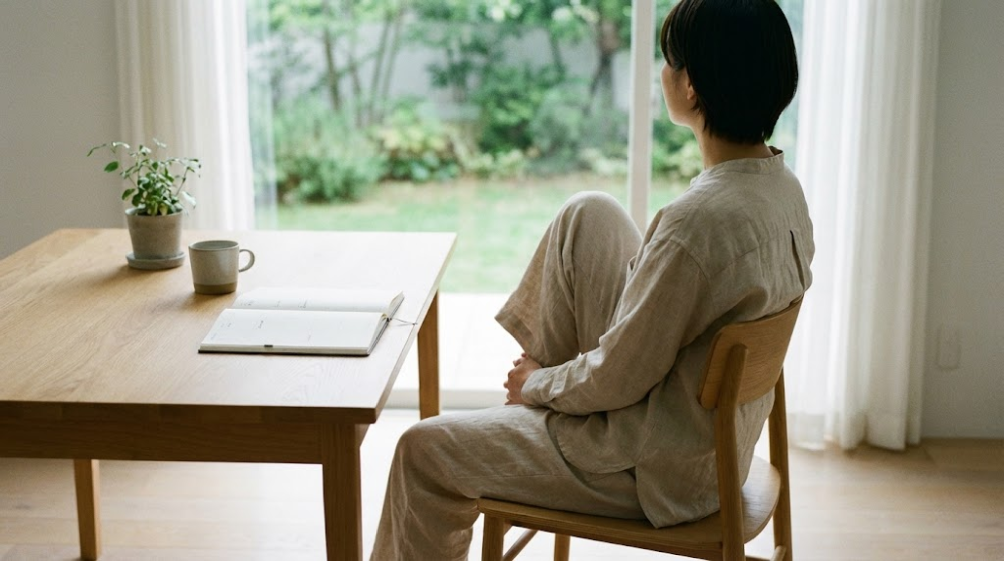 朝の自然光、淡い色味、静かな印象。